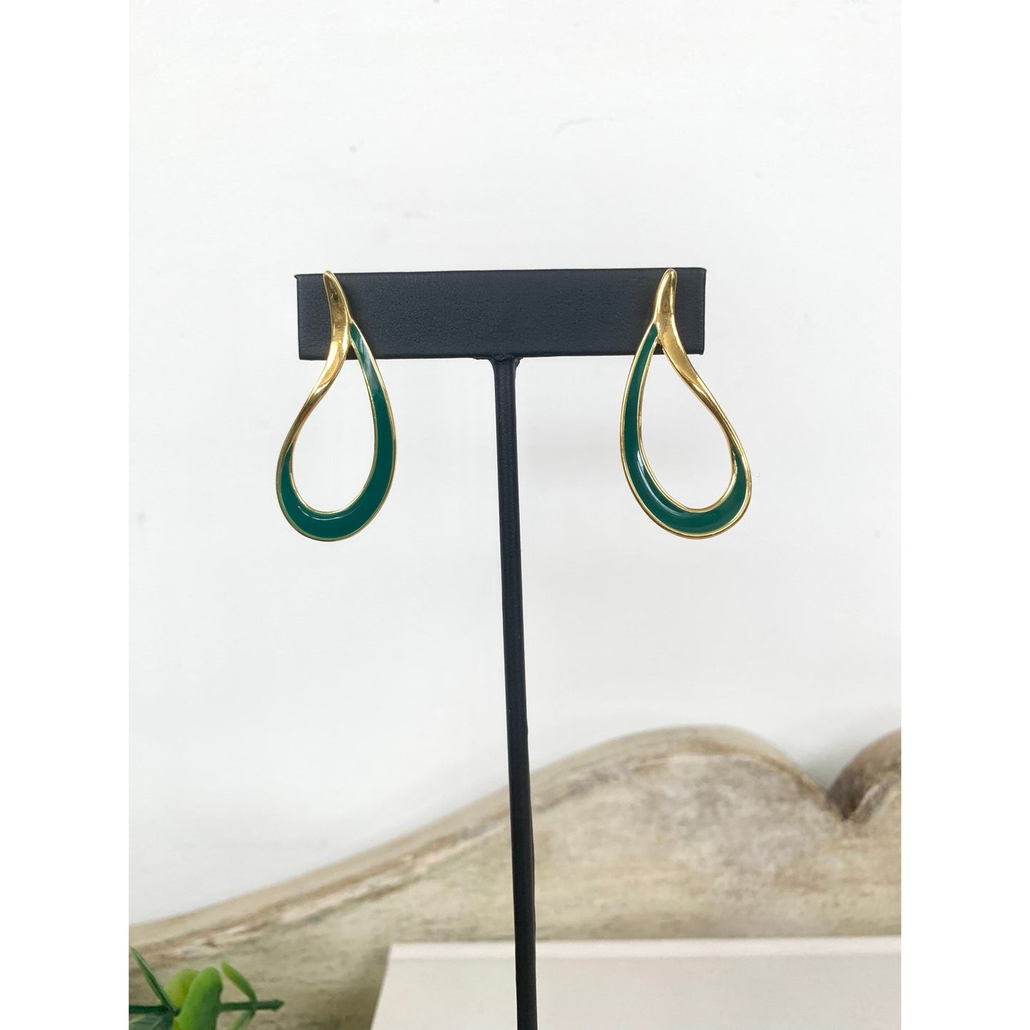 Vintage Green Enamel Goldtone Teardrop Post Back Earrings Retro Statement 80s