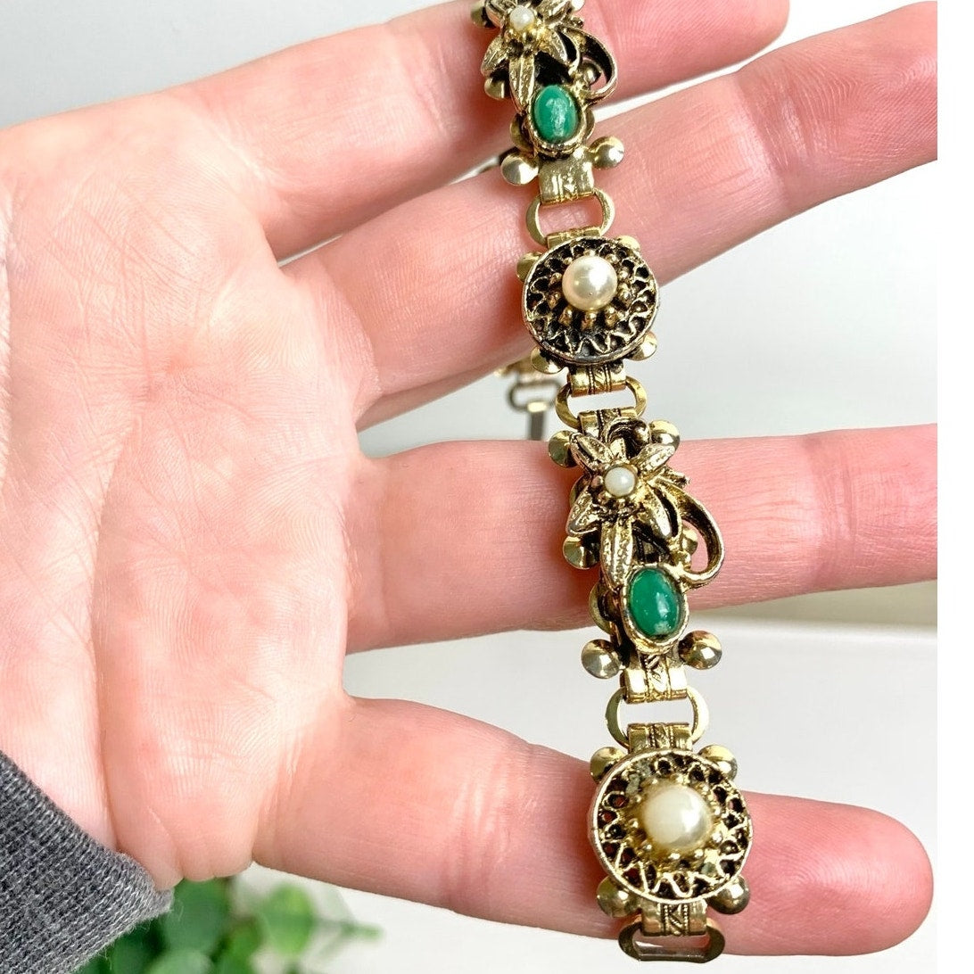 Vintage Victorian Revival Bracelet Goldtone Floral Link Faux Pearl Green Cabochon