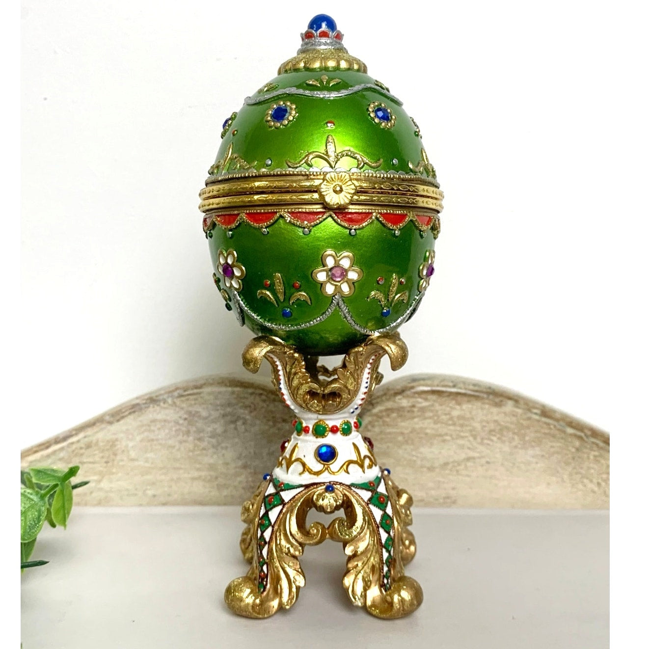 Vintage Faberge Style Green Enamel Egg Trinket Box Jeweled Pedestal Jewelry Box