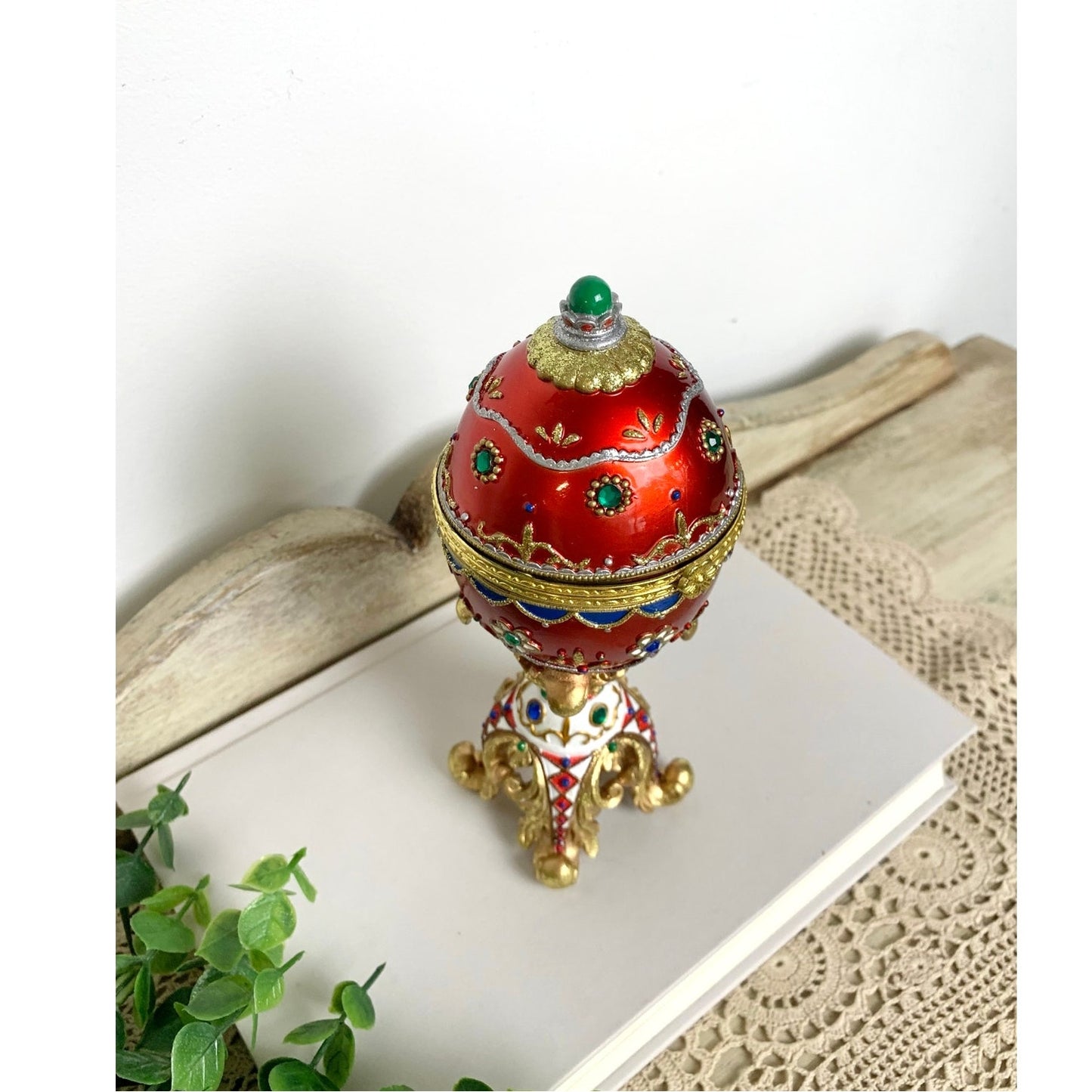 Vintage Faberge Style Red Enamel Egg Trinket Box Jeweled Pedestal Jewelry Box