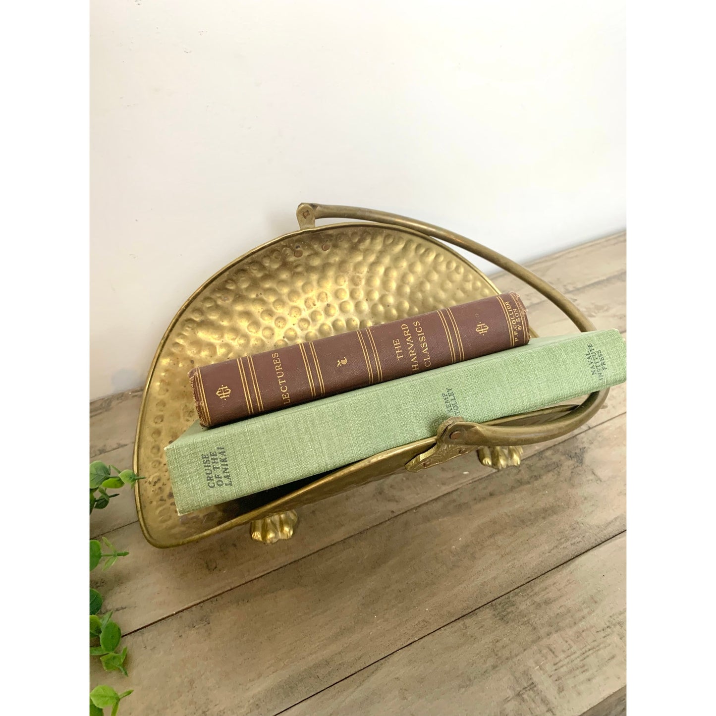 Vintage Hammered Brass Magazine Rack Log Holder with Paw Feet Hollywood Regency