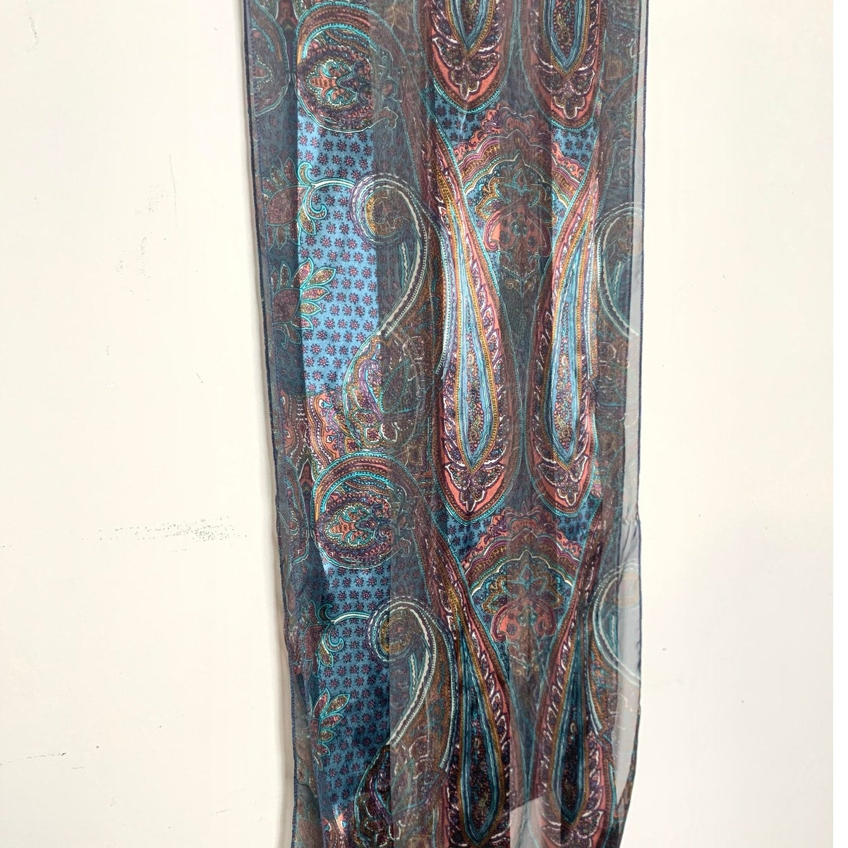 Vintage Sheer Paisley Scarf in Blue Teal and Burgundy Pink Boho Retro Pattern Fall Quiet Luxury