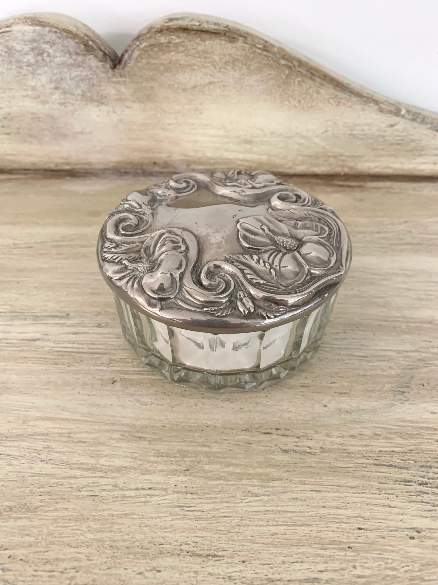 Antique Art Nouveau Vanity Jar with Silverplated Lid, mirror underside
