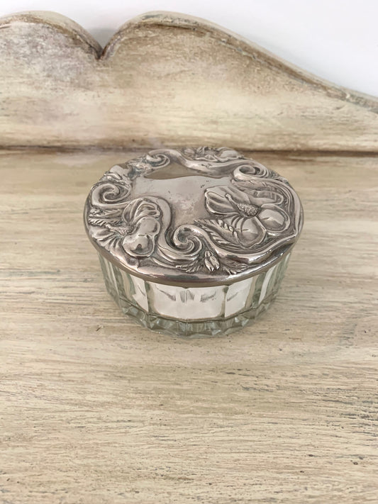 Antique Art Nouveau Vanity Jar with Silverplated Lid, mirror underside
