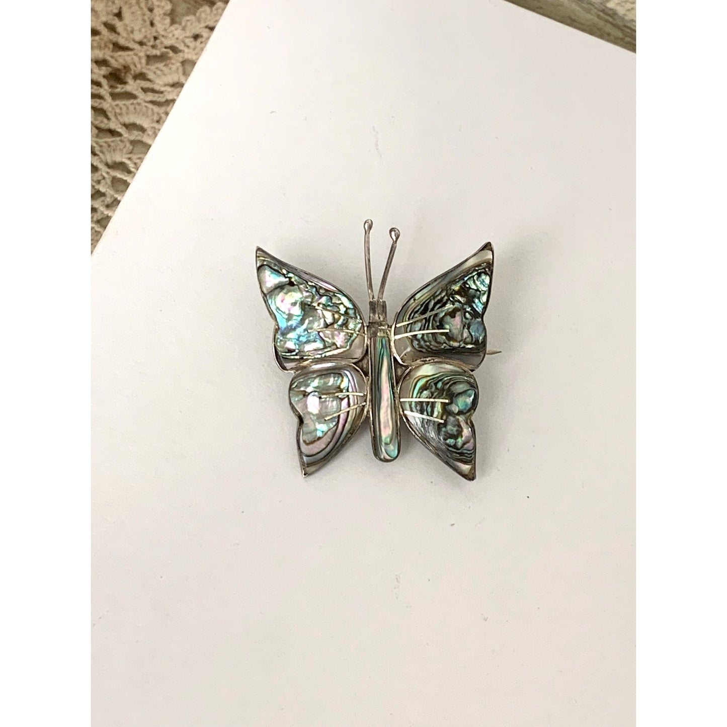 Vintage Mexico Sterling Silver Abalone Butterfly Brooch Iridescent Shell Pin