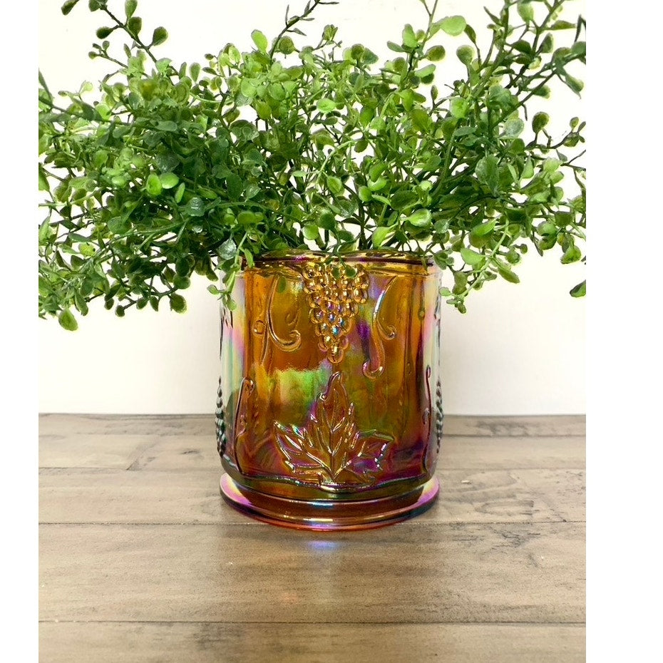 Vintage Iridescent Carnival Glass Votive Holder with Grape & Leaf Motif Marigold