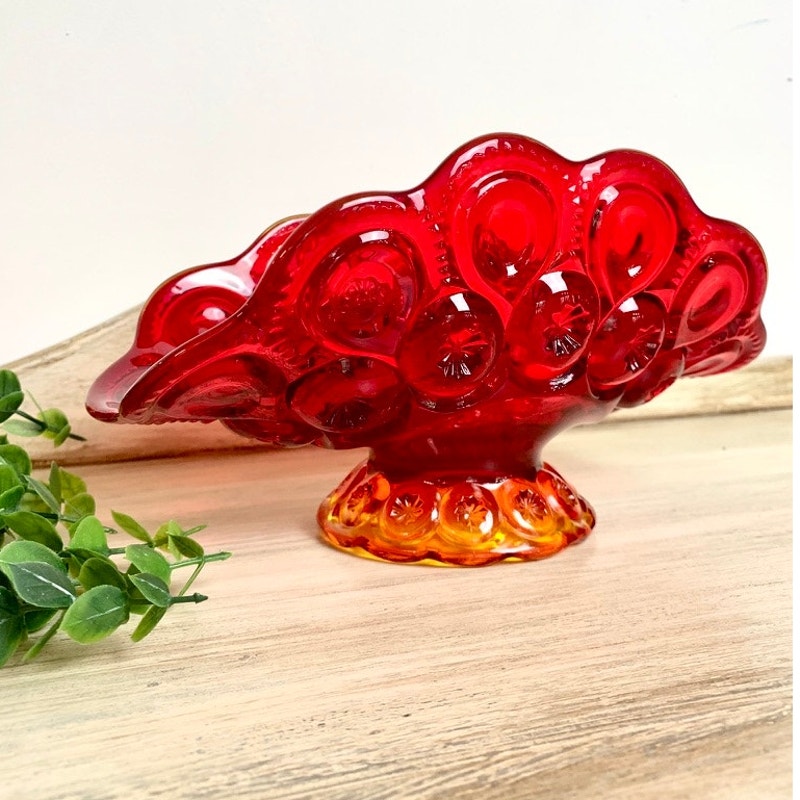 Vintage L.E. Smith Amberina Moon and Stars Banana Boat Glass Pedestal Vase Mid Century
