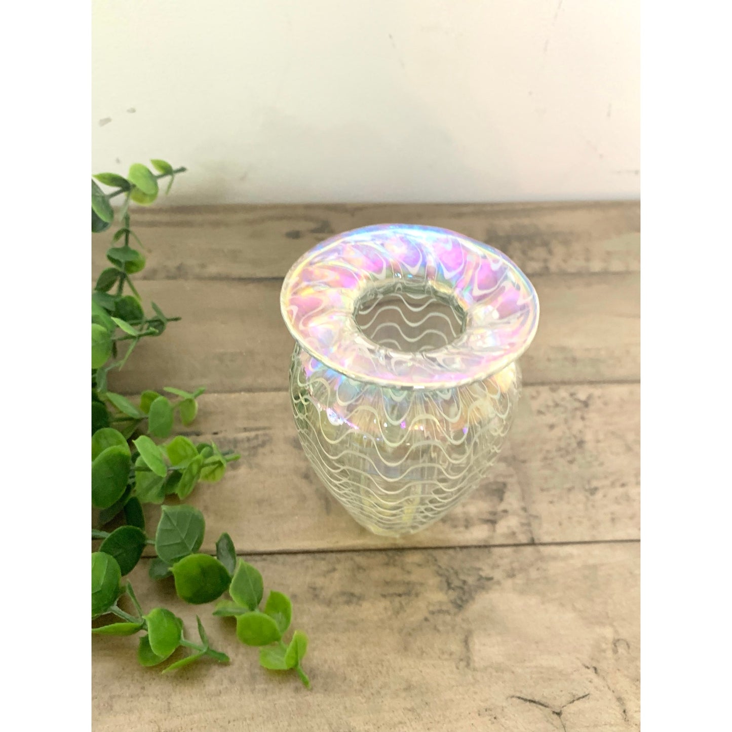 Vintage Glass Eye Studio Iridescent Art Glass Vase Handblown with Wavy Design
