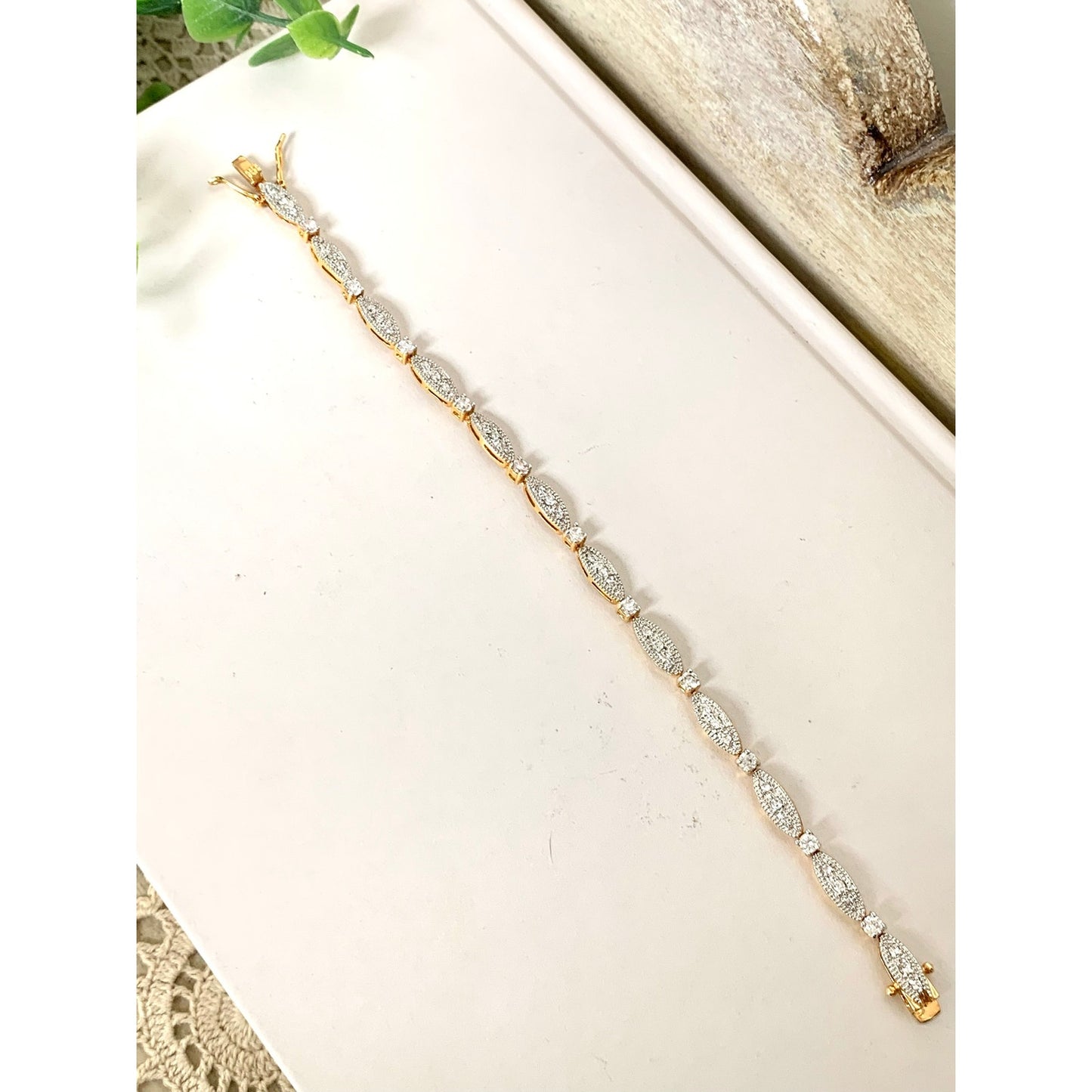 Vintage Goldtone Rhinestone Tennis Bracelet Art Deco Style Crystal Glam Jewelry