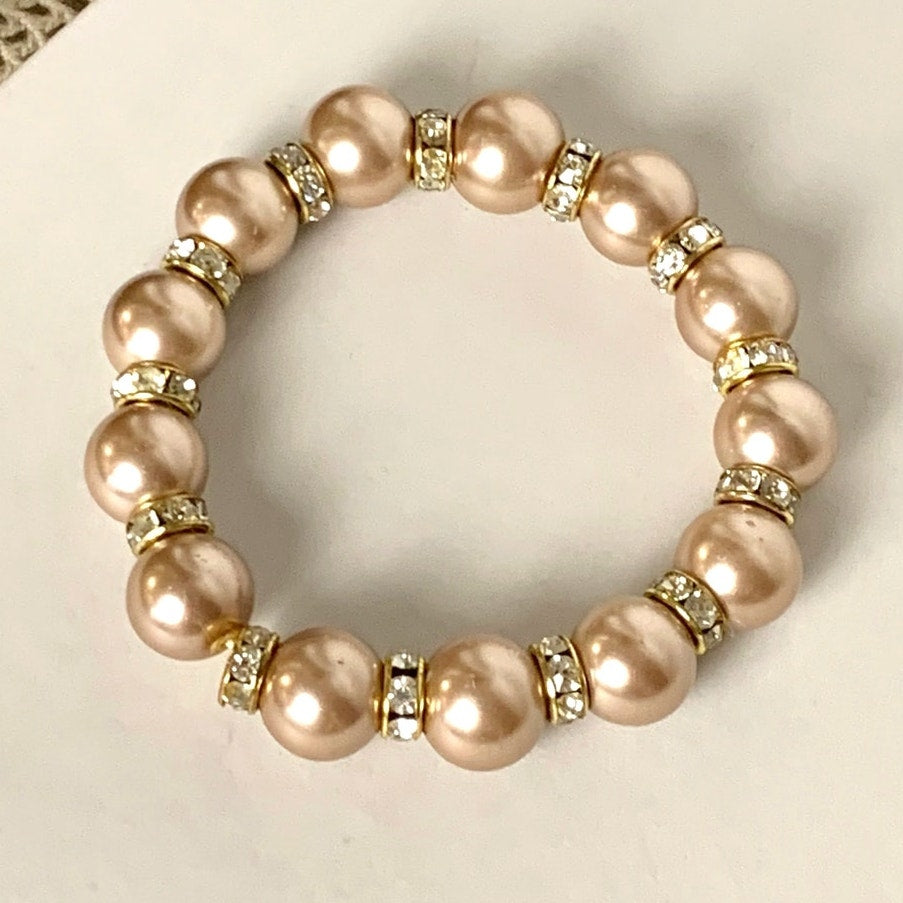 Blush Faux Pearl Stretch Beaded Bracelet Rhinestone Spacer Elegant Feminine