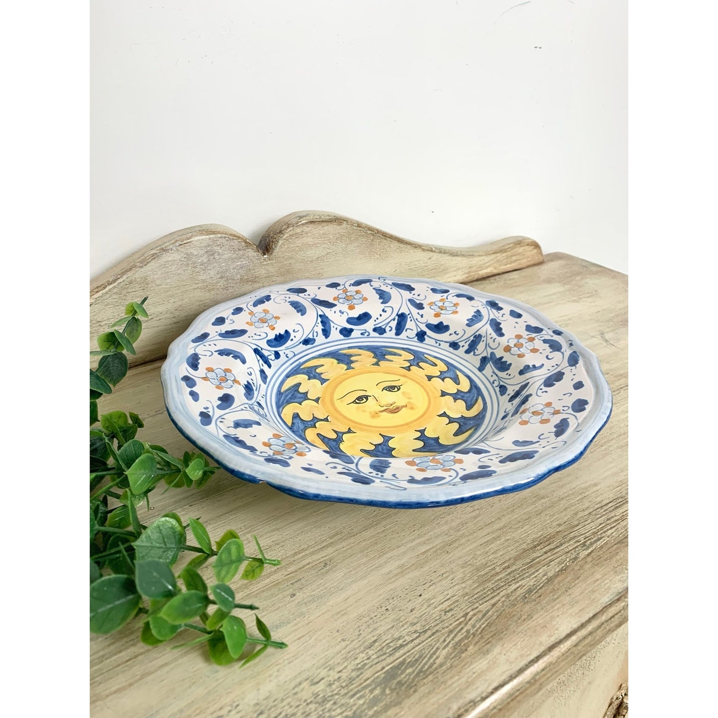 Vintage Italian Pottery Bowl Caltagirone Hand Painted Sun Sicilian Art Dish