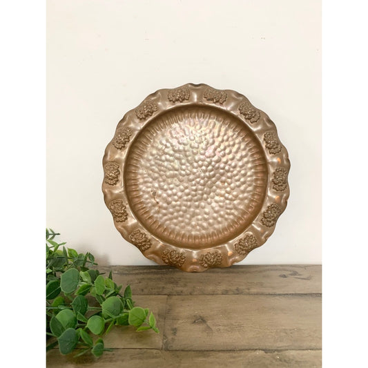 Vintage Hand Hammered Copper Plate with Floral Rim Wall Decor or Tray 9.5” Rustic Cottagecore