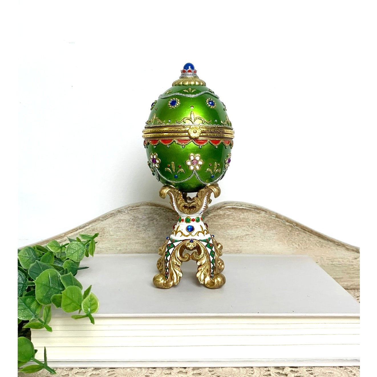 Vintage Faberge Style Green Enamel Egg Trinket Box Jeweled Pedestal Jewelry Box