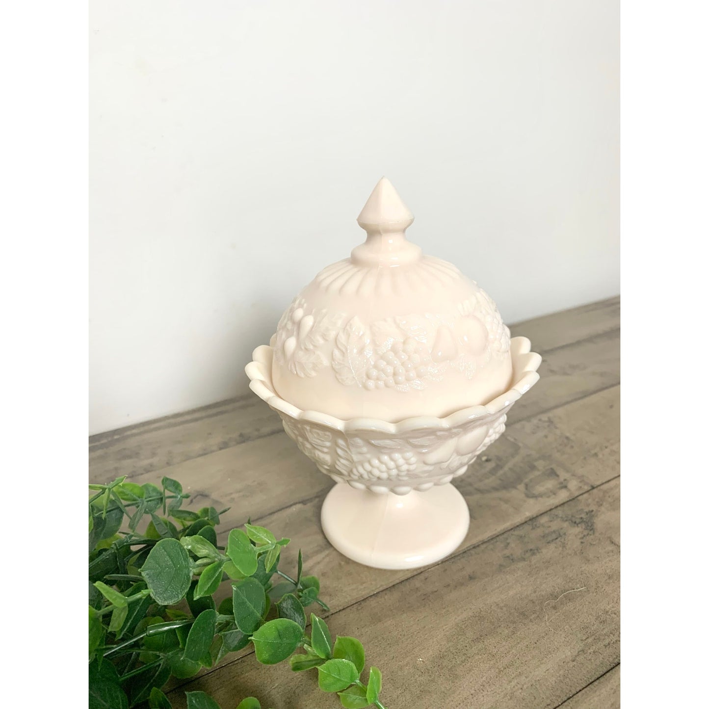 Vintage Westmorland Pink Milk Glass Covered Compote Fruit Motif Pedestal Dish Feminine Romantic Retro Shabby Cottage MCM