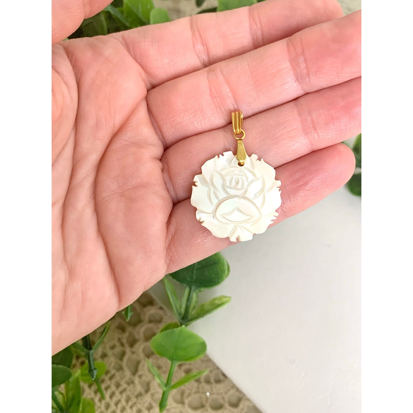Vintage Mother of Pearl Flower Pendant Gold Tone Bale Carved Shell Charm Rose