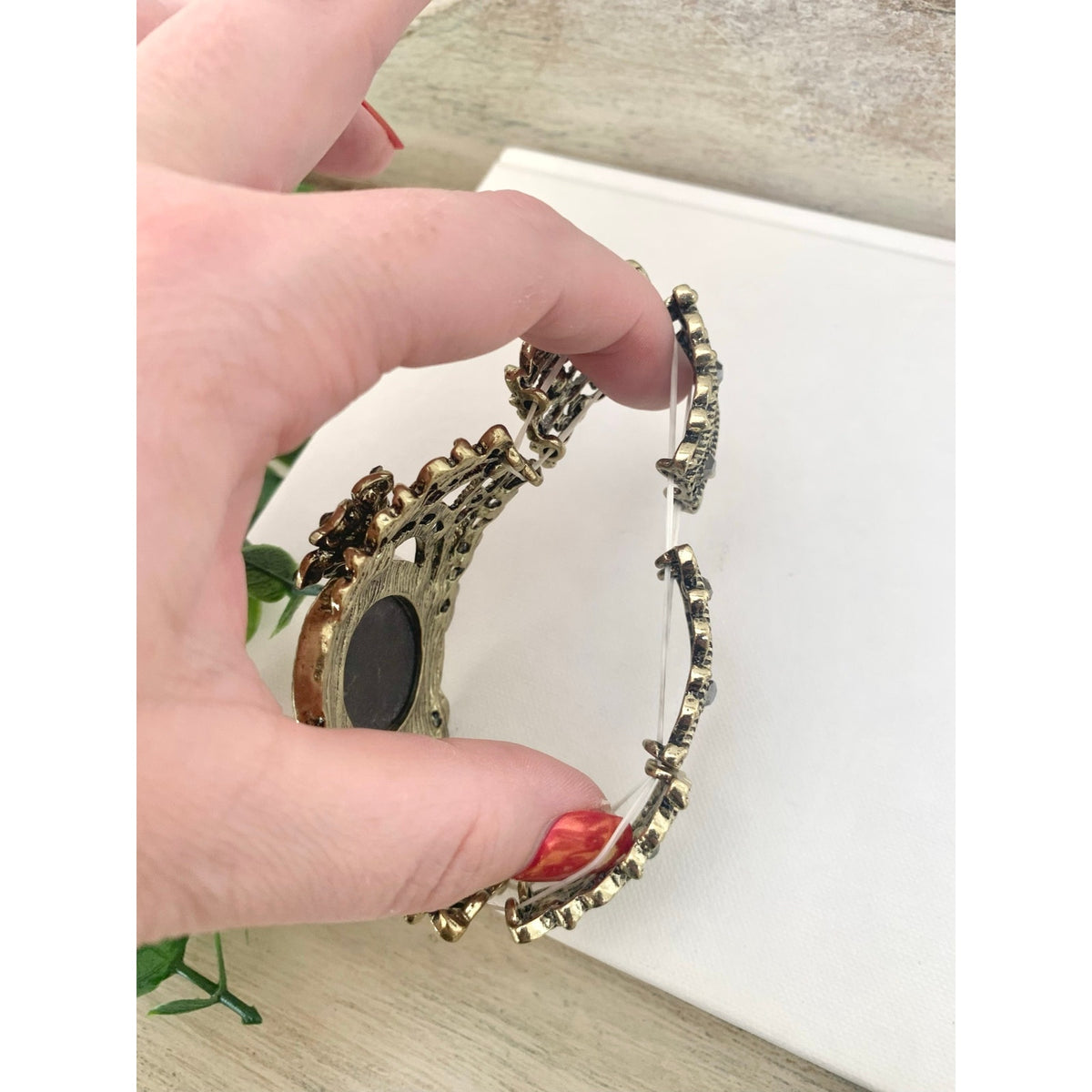 Cameo Stretch Bracelet Rhinestone Floral Victorian Revival Style Statement Jewelry