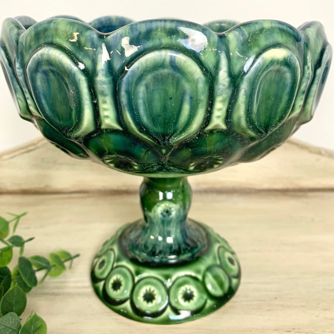 Vintage McCoy Pottery Compote Pedestal Bowl Green Teal Moon and Stars Mid Century