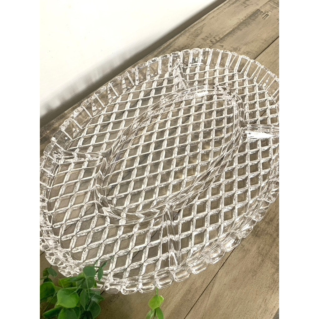 Vintage Clear Glass Divided Serving Platter Large 16.25” Oval Sectional Tray Thick Appetizers Relishes Charcuterie