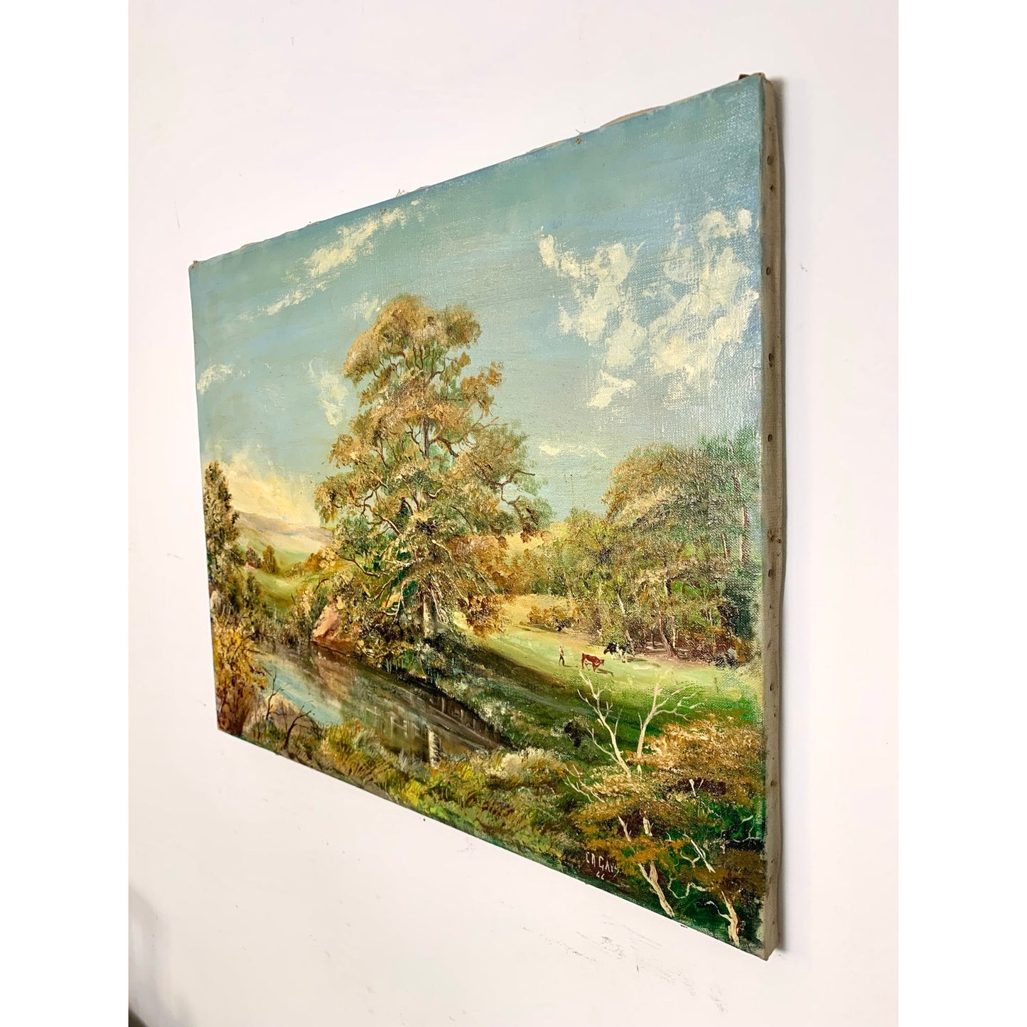 Vintage 1966 Landscape Oil Painting on Canvas – Signed C.A. Gays – Mid Century Original Farm Scene with Tree & Pond