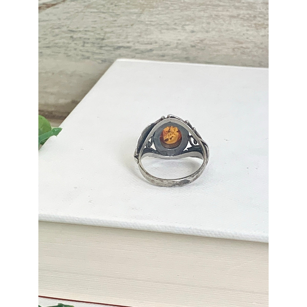 Vintage Sterling Silver Amber Ring Botanical Leaf Filigree Jewelry Boho Southwestern