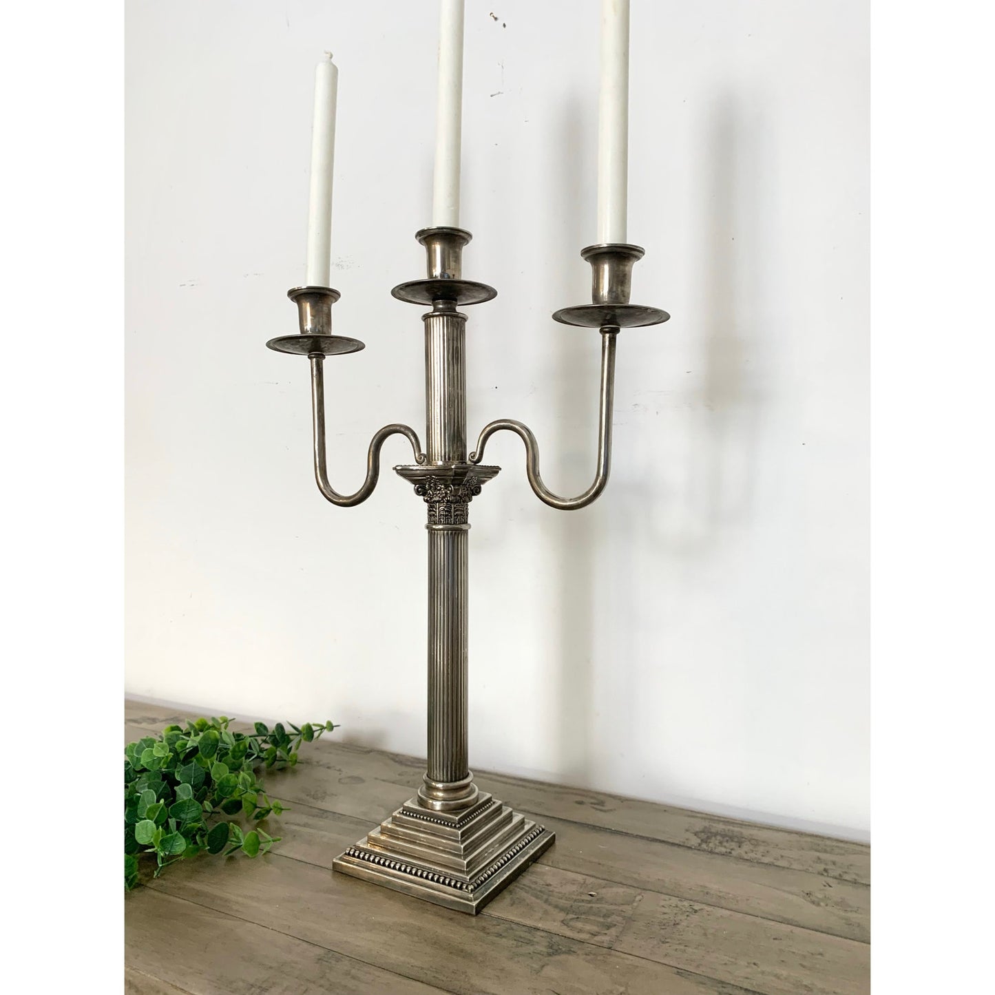 Vintage Godinger Silverplate Three-Arm Candelabra Neoclassical Fluted Column Elegant 19"