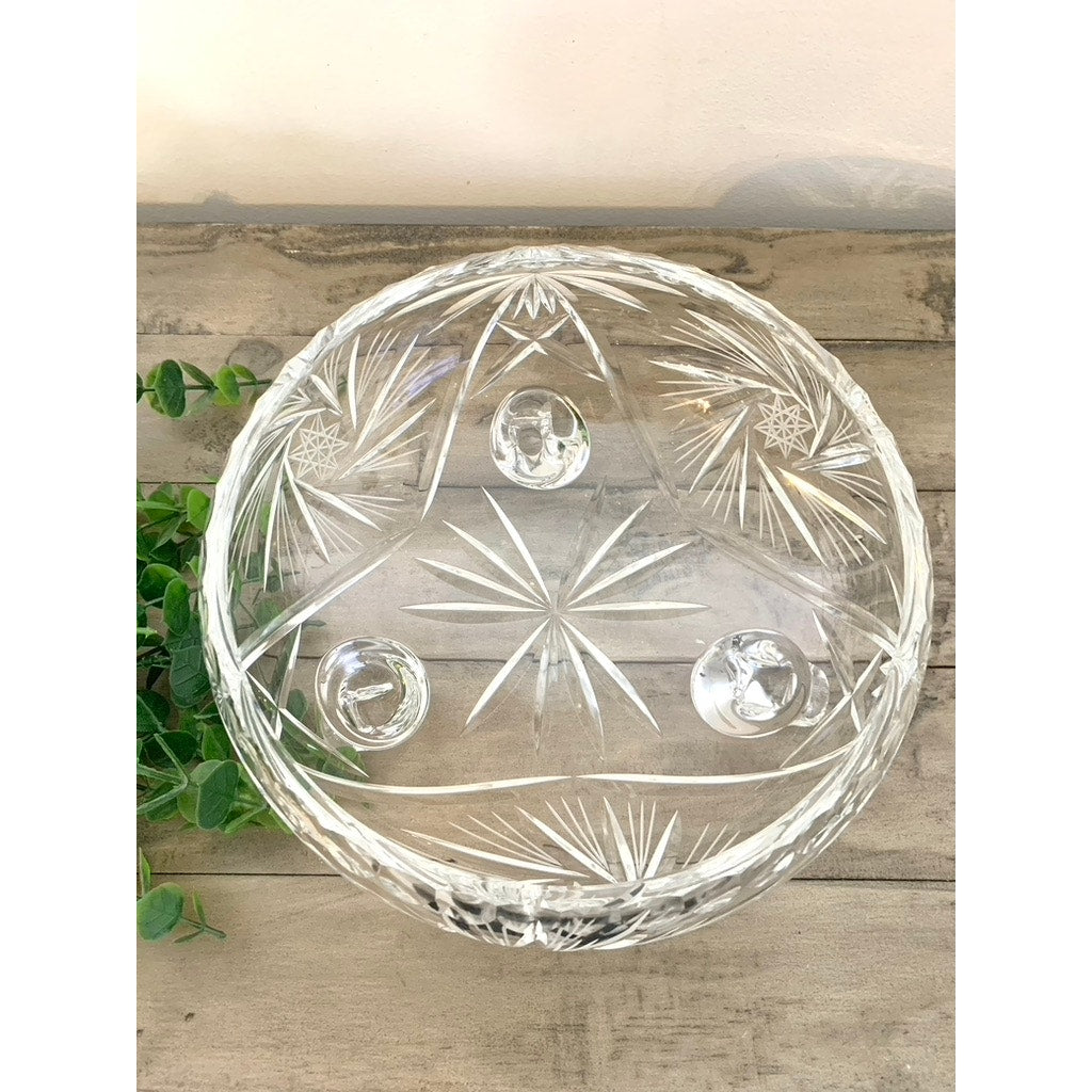 Vintage Cut Crystal Footed Bowl Starburst Centerpiece Vase Fruit Bowl on Three Feet Elegant Serving