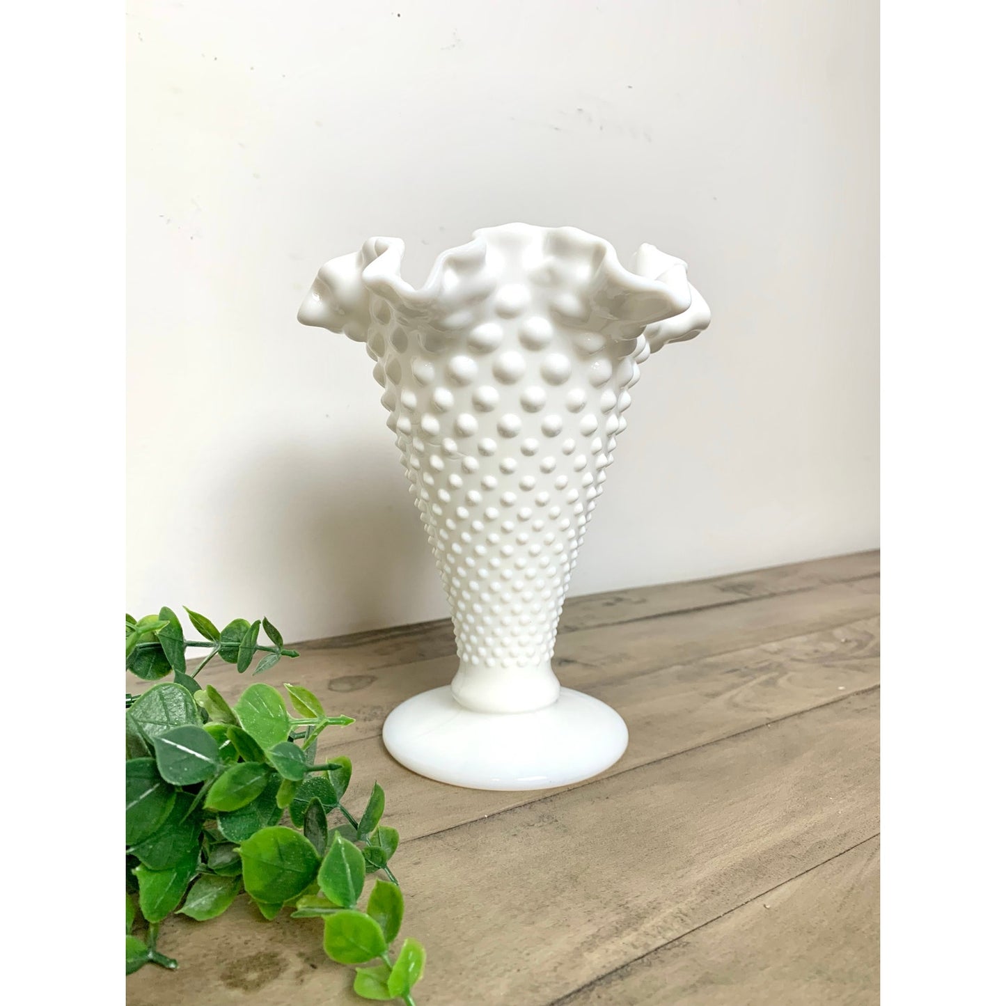 Vintage Fenton Hobnail Milk Glass Vase with Fluted Rim – White Pedestal Vase