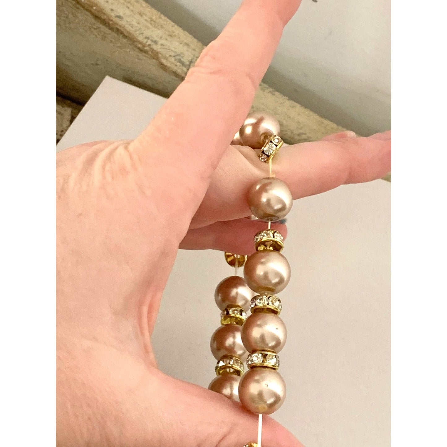 Blush Faux Pearl Stretch Beaded Bracelet Rhinestone Spacer Elegant Feminine