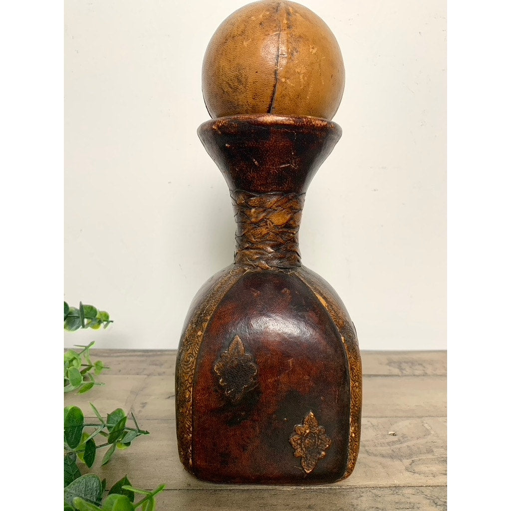 Vintage Italian Leather Wrapped Square Decanter with Ball Stopper Old Money MCM