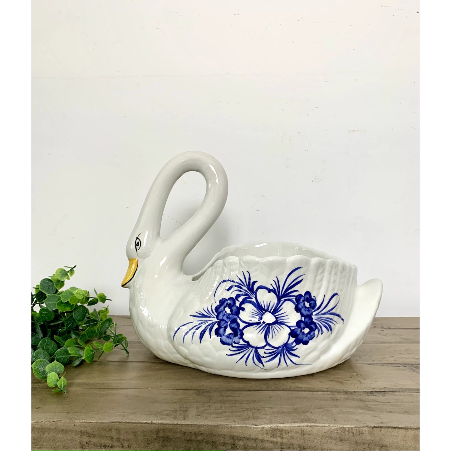 Vintage Portuguese Hand-Painted Ceramic Large Swan Planter Blue & White Cottage