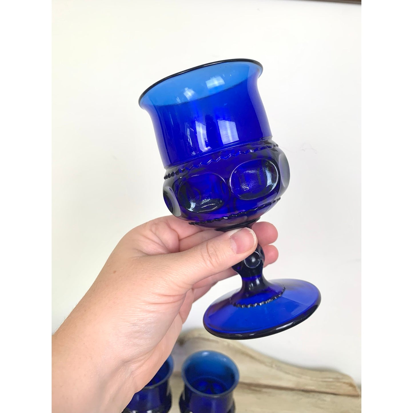 Vintage Indiana Glass Kings Crown Cobalt Blue Goblets Set of 4 Wine Glasses Mid Century