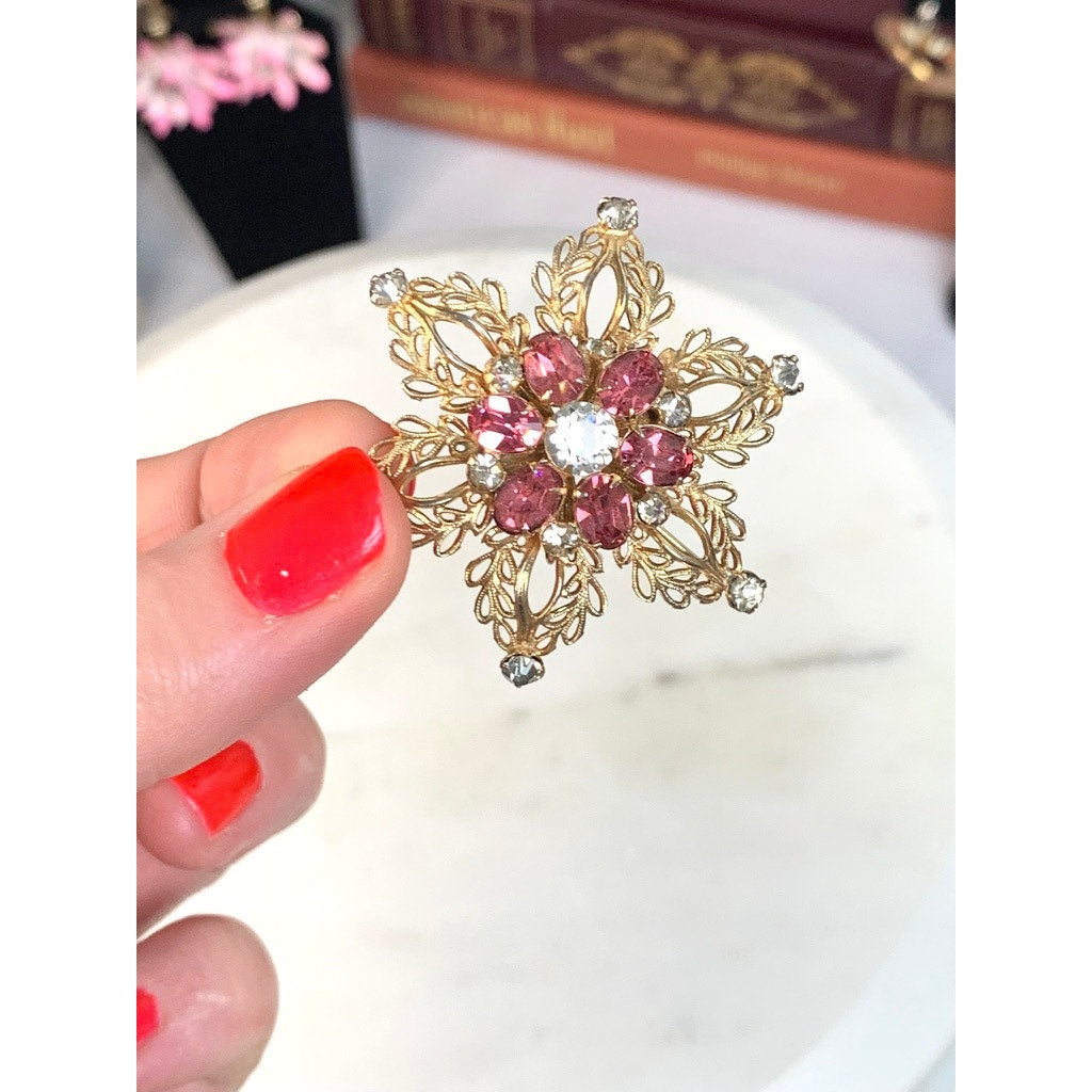 Vintage Scitarelli Pink Rhinestone Starburst Brooch Pendant Gold Tone Filigree Mid Century