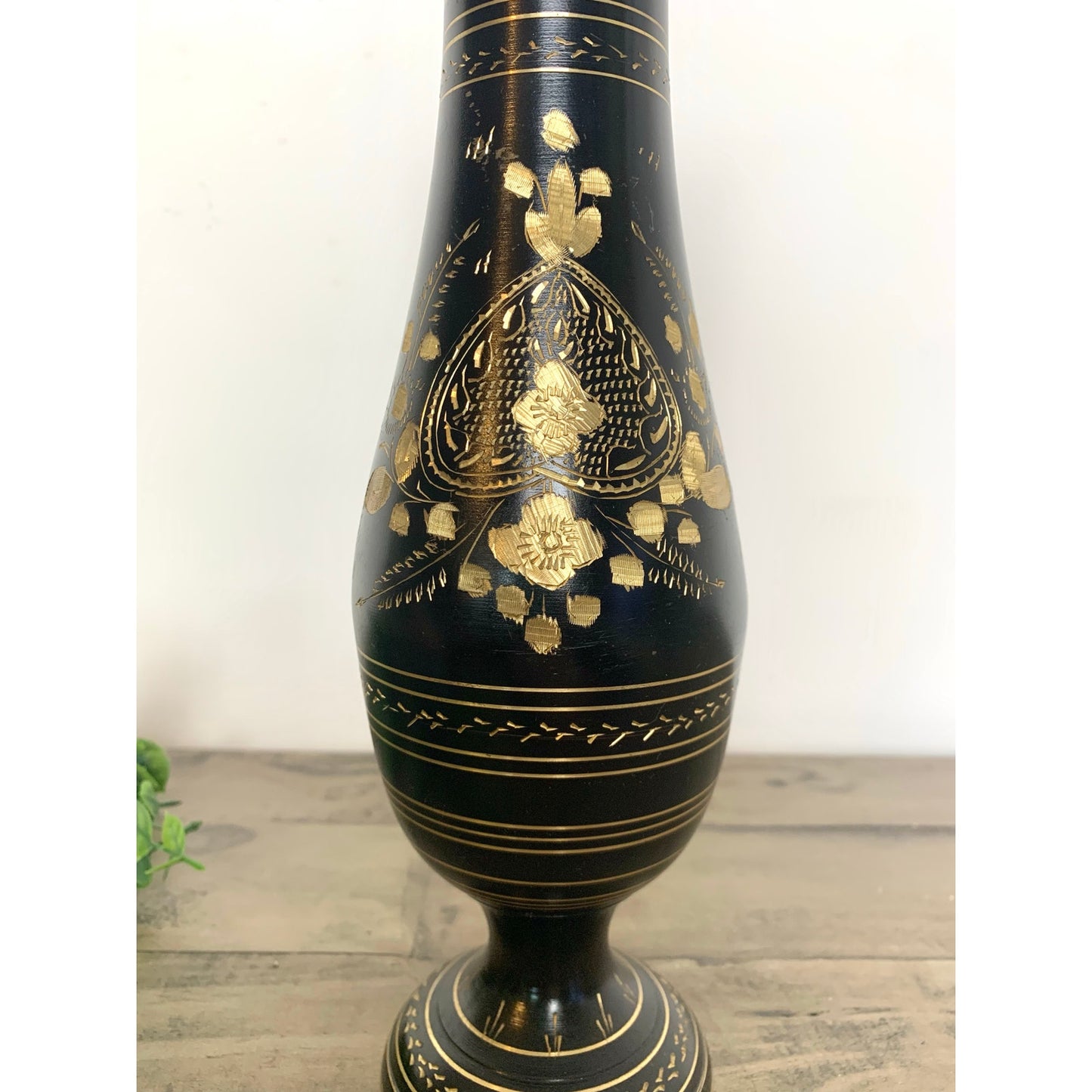 Vintage Black and Gold Etched Brass Metal Floral Pedestal Vase Boho Glam Moody