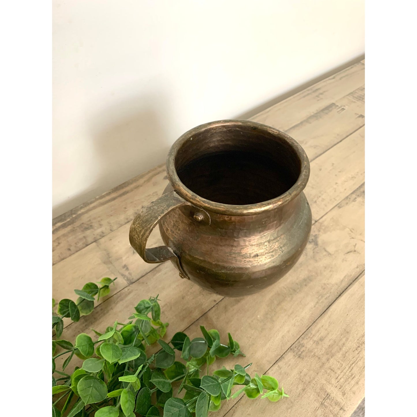 Antique Hand Hammered Copper Pitcher Rustic Farmhouse Patina Primitive Vase Jug