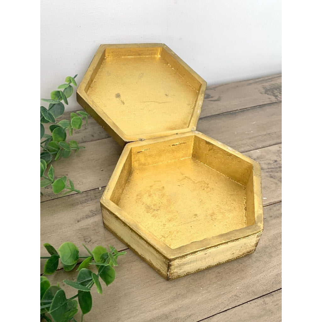 Vintage Florentine Gold Giltwood Box Made in Italy Hexagon Trinket Box Old World Regency