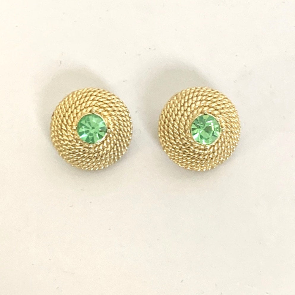 Vintage Gold Tone Clip On Earrings Green Rhinestone Textured Retro Statement