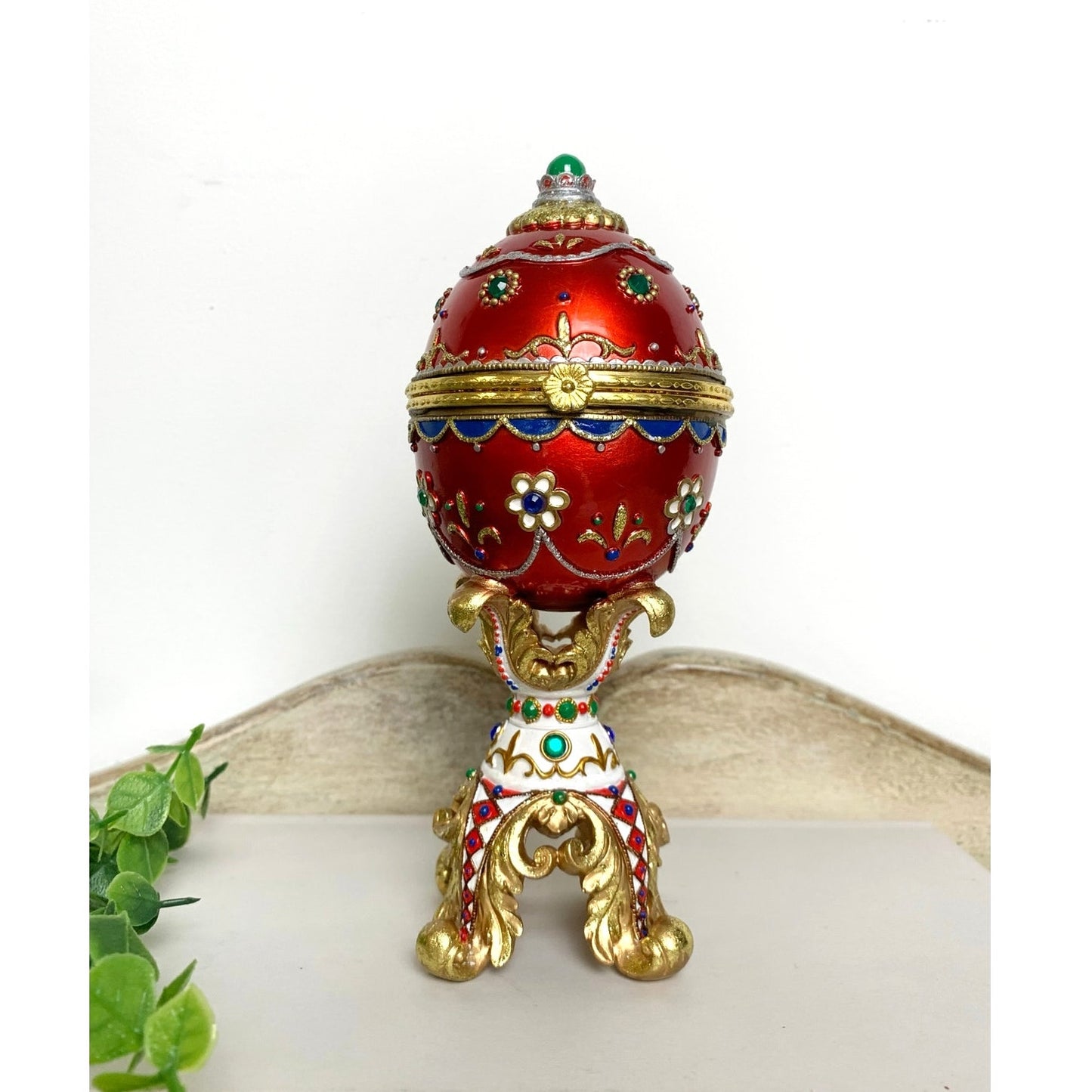 Vintage Faberge Style Red Enamel Egg Trinket Box Jeweled Pedestal Jewelry Box
