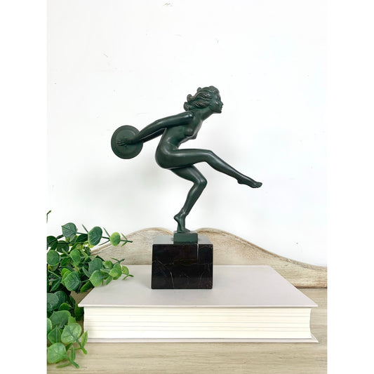 Vintage French Art Deco Garcia Dancer Sculpture Le Verrier Figural Statue Marble Base
