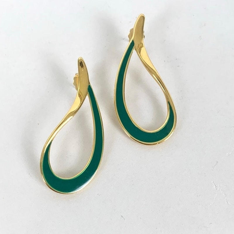 Vintage Green Enamel Goldtone Teardrop Post Back Earrings Retro Statement 80s