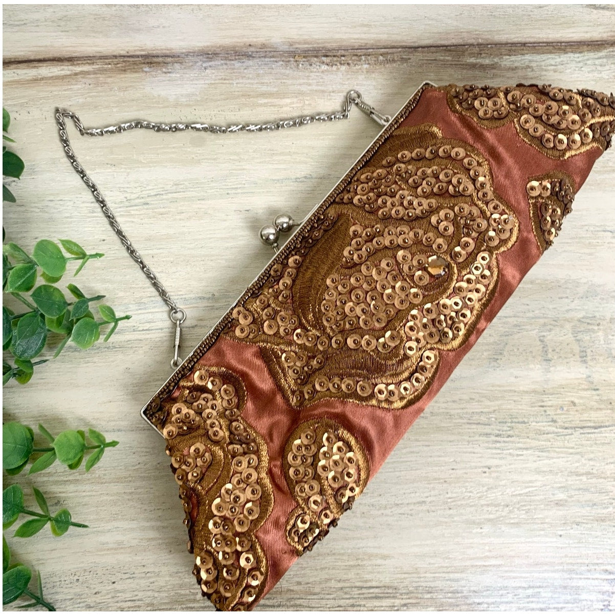 Vintage Brown Sequin Beaded Clutch Purse Evening Bag Cocktail Party Y2K Glam Wedding Guest