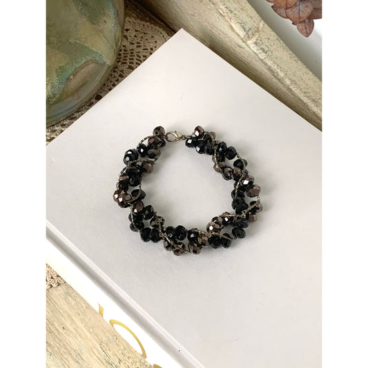 Vintage Smoky Faceted Beaded Bracelet Multi Strand Dark Crystal Glass Bead Statement Jewelry