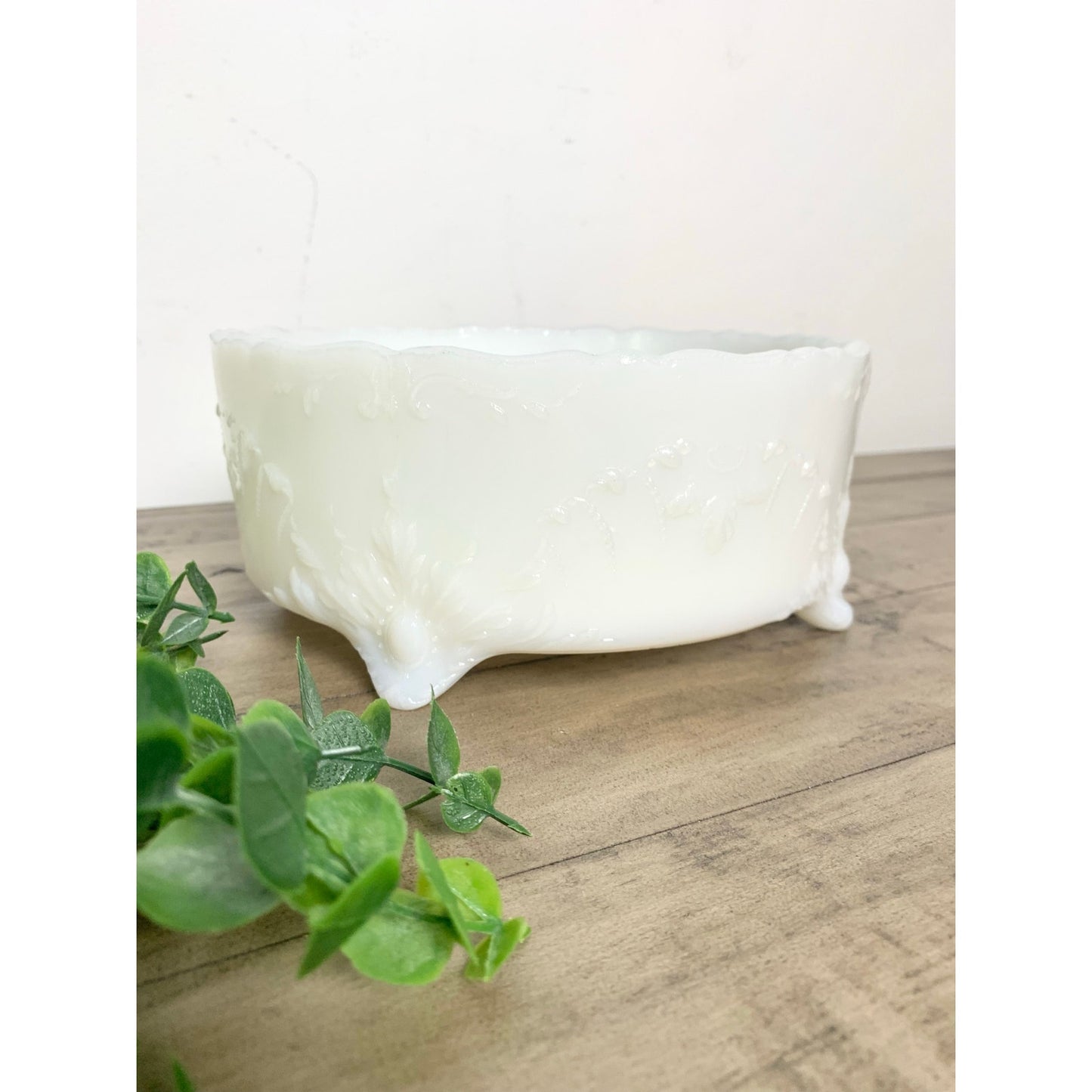 Vintage Milk Glass Footed Bowl Embossed White Centerpiece Dish Cottage Shabby