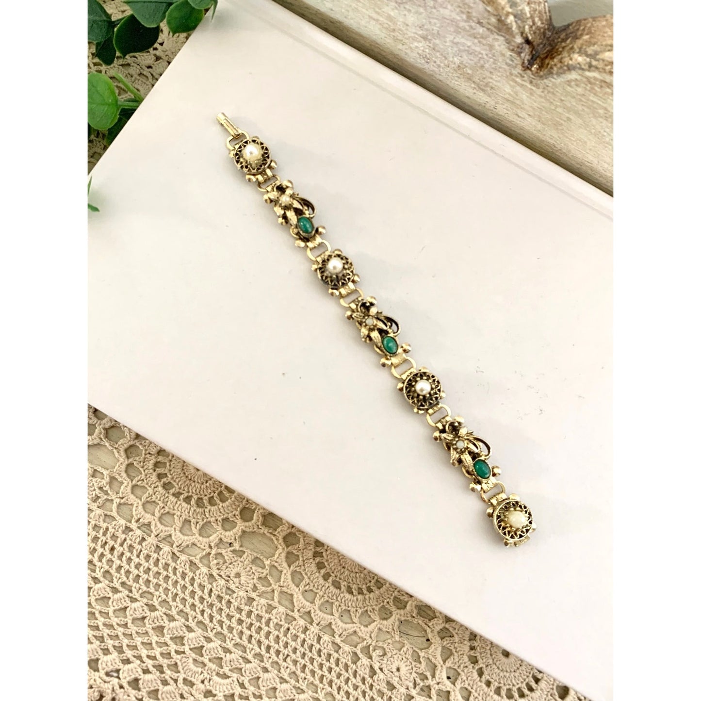 Vintage Victorian Revival Bracelet Goldtone Floral Link Faux Pearl Green Cabochon