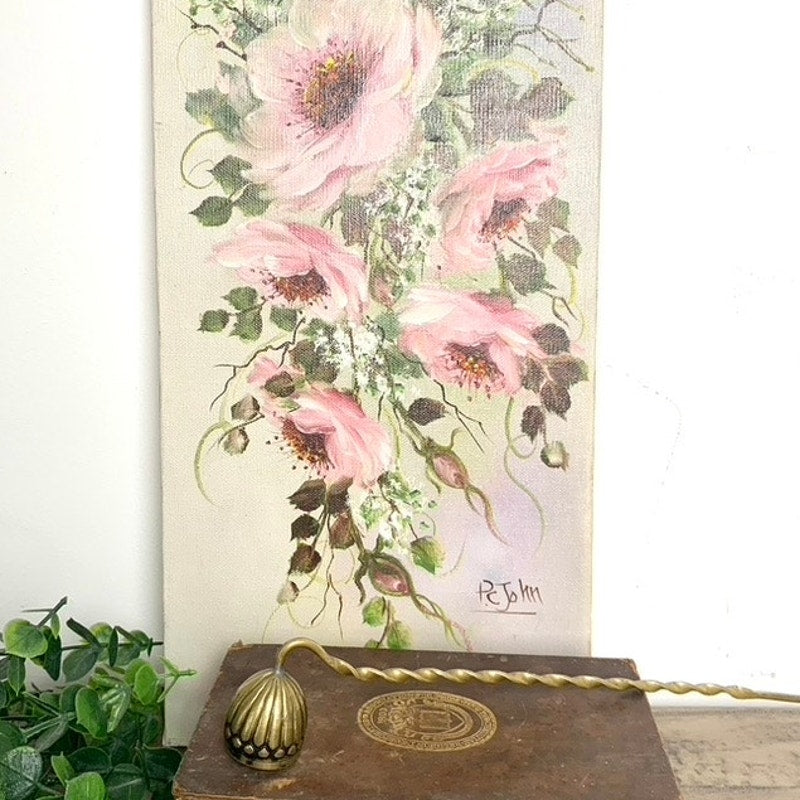 Vintage Floral Oil Painting on Canvas Signed by P. John, 16x8, Pink Floral