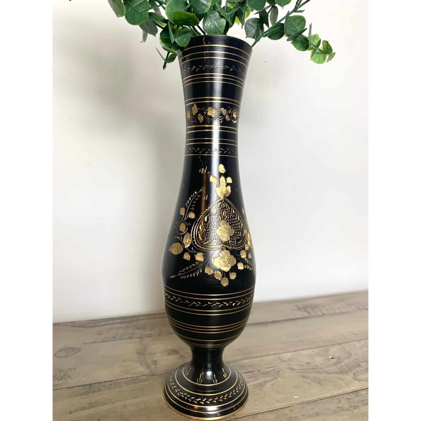 Vintage Black and Gold Etched Brass Metal Floral Pedestal Vase Boho Glam Moody