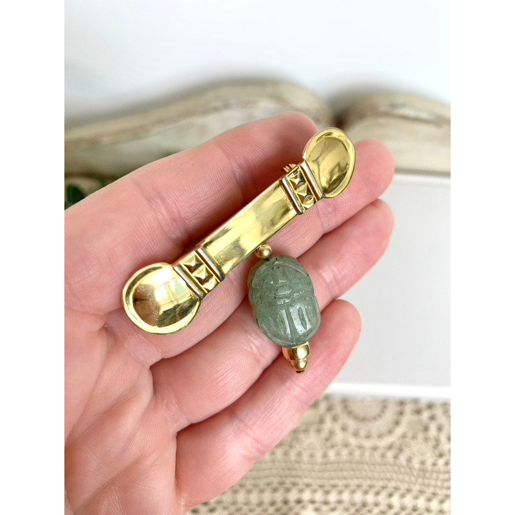Vintage Gold Tone Bar Brooch with Green Stone Dangle Jade Style Drop Pin
