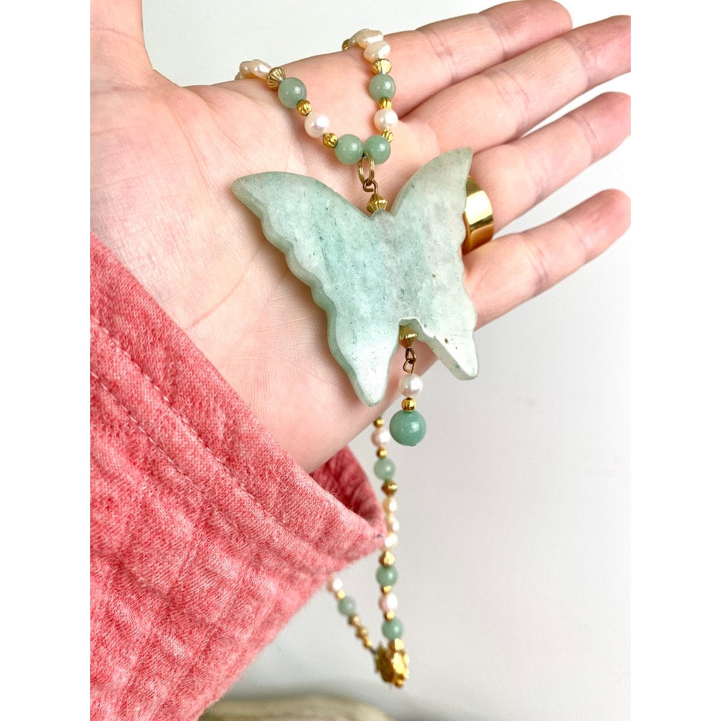 Vintage Jade Butterfly Pendant Necklace Pearl Beaded Green Stone Statement