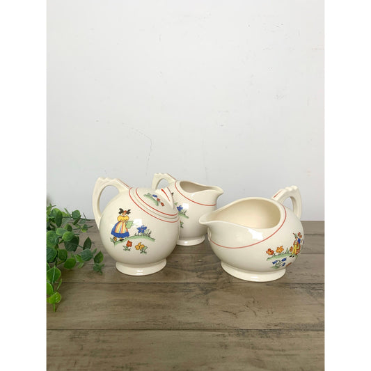 Vintage Crooksville China Co 3pc Creamer & Sugar Set Hand Painted Dutch Children