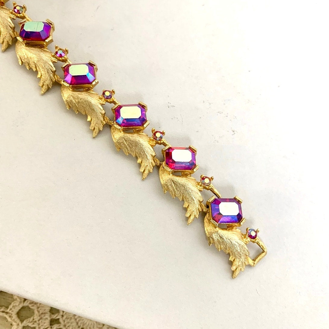 Vintage Pink Aurora Borealis Rhinestone Bracelet Gold Leaf Statement Jewelry Glam