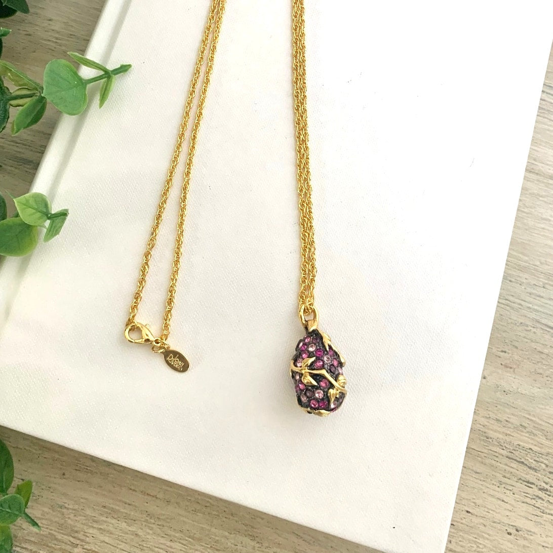 Vintage Joan Rivers Pink Purple Pendant Necklace Pave Rhinestone Gold Tone Romantic Glam